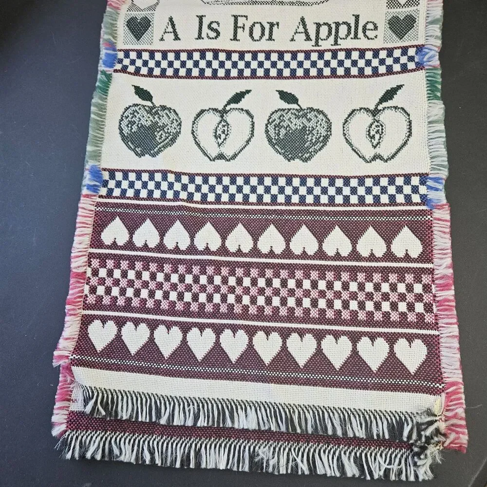 A is for Apple VTG Runner & 4 Placemats Tapestry Fringe Hearts Checkered Red Grn